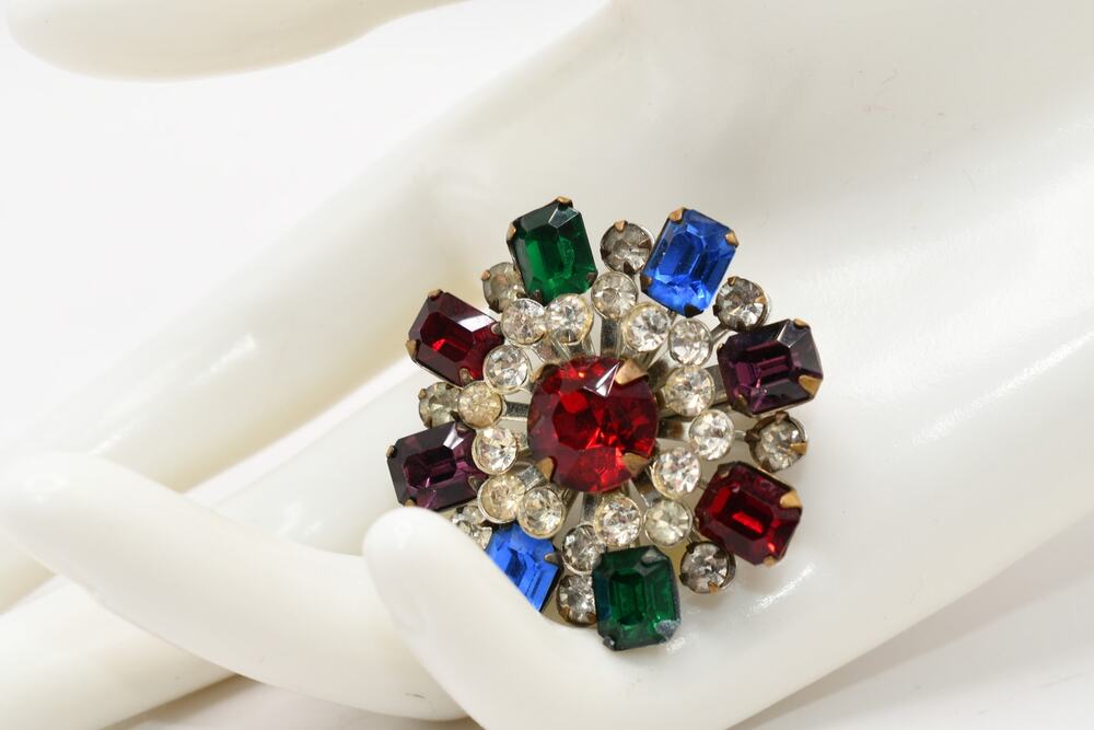 Vintage 1950s Multicolor Rhinestone Brooch Riveted Dimensional Design